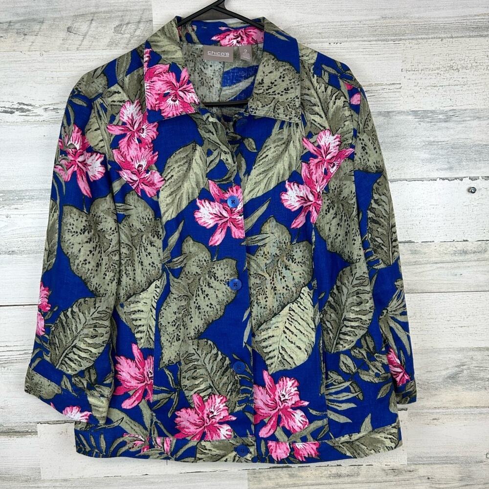 Chico’s 100% Linen Floral Button Front Jacket Shirt Blue Pink Hibiscus Size L